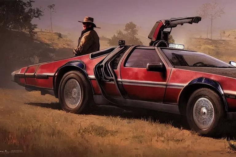 Image similar to delorean in red dead redemption 2, by greg rutkowski, by stanley artgerm, by alphonse mucha