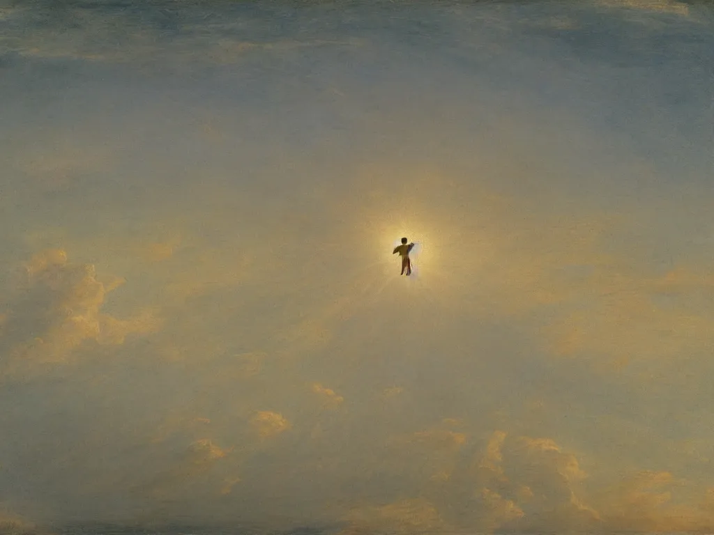 Image similar to biblical angel in the sky flying on the sea painted by caspar david friedrich