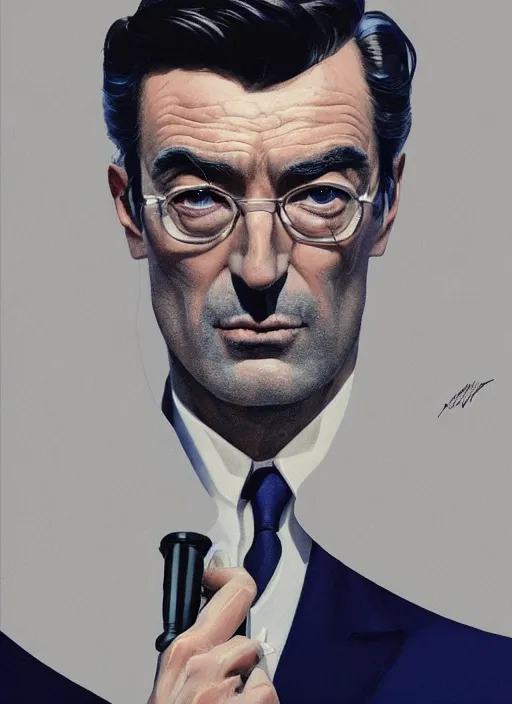 Image similar to full - length portrait of gregory peck, dressed in a navy blue suit with silver embroidered details, detailed face, fantasy, cinematic lighting, digital art painting, fine details by realistic shaded lighting poster by ilya kuvshinov katsuhiro otomo, magali villeneuve, artgerm, jeremy lipkin and michael garmash and rob rey