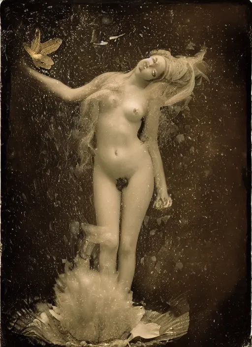 Image similar to old wetplate daguerreotype birth of venus, fractal, intricate, elegant, highly detailed, parallax, leica, medium format, subsurface scattering, by jheronimus bosch and greg rutkowski and louis jacques mande daguerre