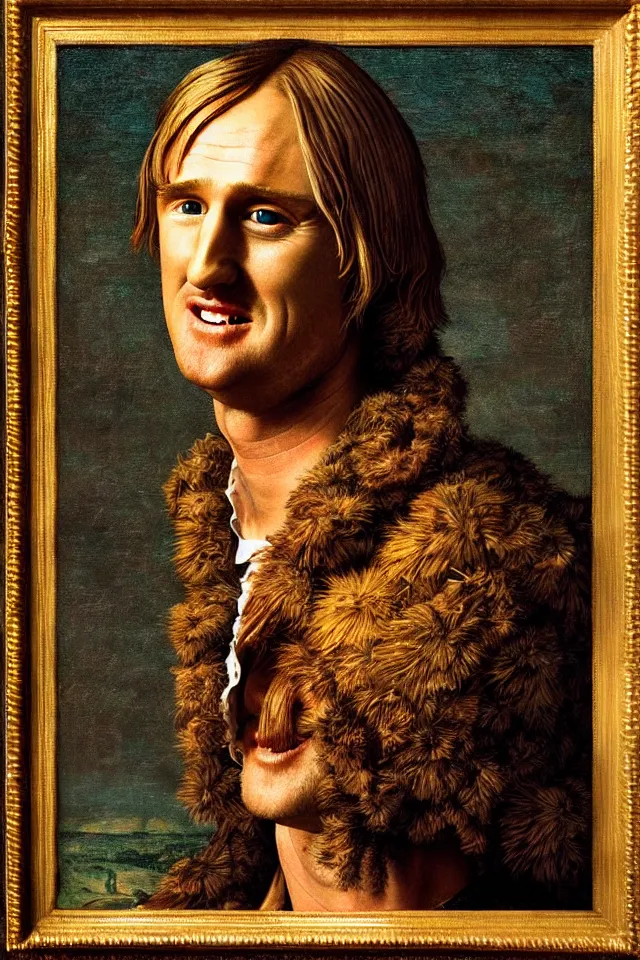 Image similar to bizarre renaissance portrait of owen wilson in a sea of thousands of highly detailed potatos, dramatic cinematic lighting, 8 k, beautiful intricate pop - art painting