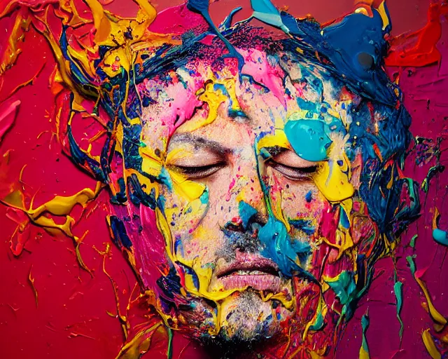 Image similar to abstract expressionist portrait of a head made of very thick impasto paint and acrylic pour and coloured powder explosion and splashing paint and dripping paint and flying paint chunks, eyes closed or not visible, expressing strong emotions, art by antony micallef, motion blur, hyperrealistic, intricate art photography, anatomically correct, realistic crisp textures, 1 6 k