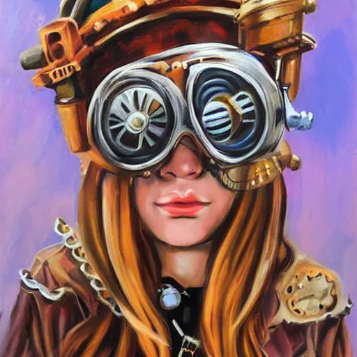 Prompt: steampunk girl in steampunk goggles and a steampunk helmet on the background of a steampunk city, Painting, Canvas, Paint, Acrylic Paint