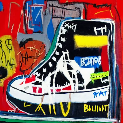 Image similar to basquiat oil painting of cyber balenciaga sneakers,