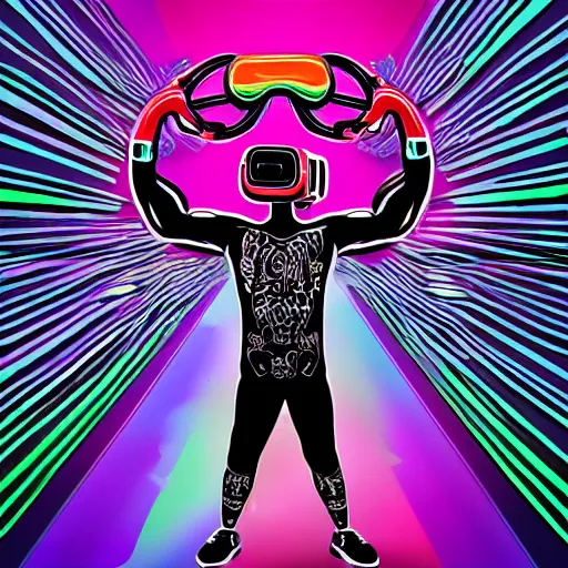 Prompt: wrestlers wearing vr headsets, vr goggles, shrugging, shrugging arms, intricate complexity, inverted neon rainbow drip paint, trending on art station, digital illustration by corefolio
