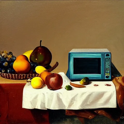 Prompt: A still life of a microwave, Gaspar Peeter, Max Carlier, ((oil)) painting, table, fruit bowl