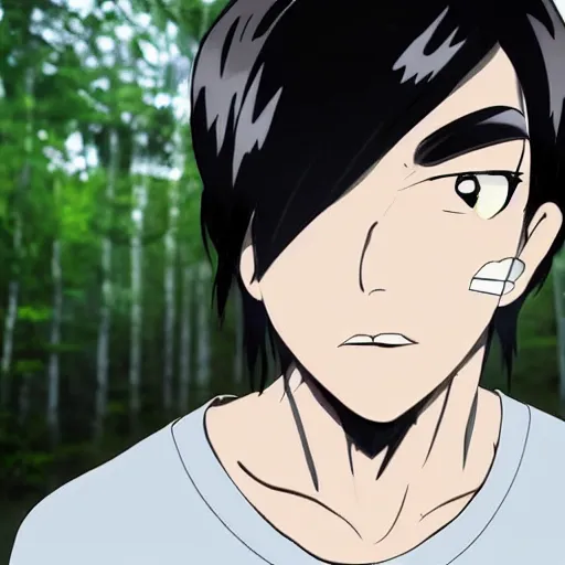 Prompt: A silky black hair young man wearing a white t-shirt and black pants in the woods, close up of the upper body, having an expresion of confusion mixed with anger, anime style