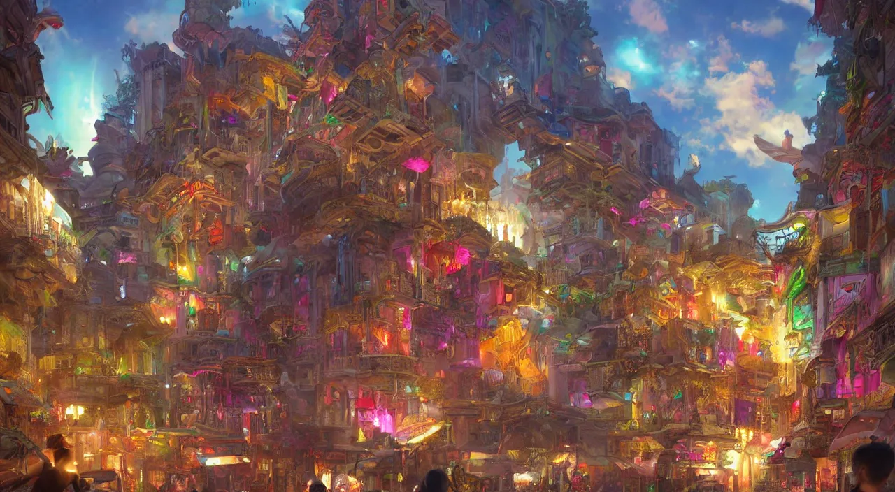 Image similar to bazaar zouk place aladin block greeble multicolorful sky shine mattepainting, street art, trending on artstation, by huang guangjian and gil elvgren and sachin teng