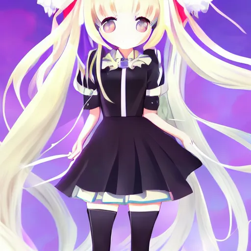 Image similar to vtuber design artstation cute anime girl with long blonde hair elegant dress and black rabbit ears high resolution character design