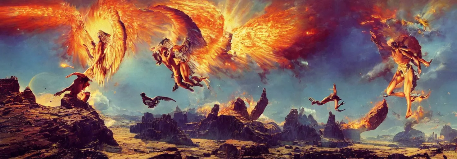 Image similar to an epic and awe-inspiring bruce pennington digital art landscape painting of Icarus crashing and burning while his father Daedalus looks on in disbelief