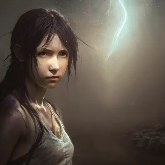 Image similar to a girl from final fantasy live action, movie still from the walking dead, evocative, mystical night, sharp focus, very very very very detailed, award winning, masterpiece digital painting by greg rutkowski, alex grey, marc adamus, beautiful dramatic lighting, artstation, 4 k wallpaper, style by peter deligdisch, peterdraws