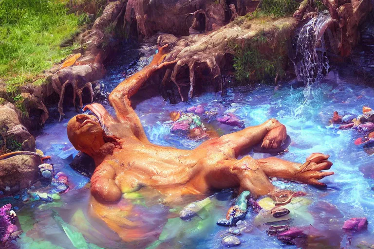 Prompt: highly detailed oil painting of a lizard man sitting in a steaming colorful hotspring stream, featured on artstation