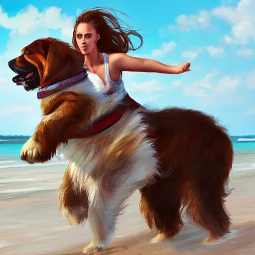 Image similar to girl riding a giant saint Bernard at the beach catching a frisbee, trending on artstation