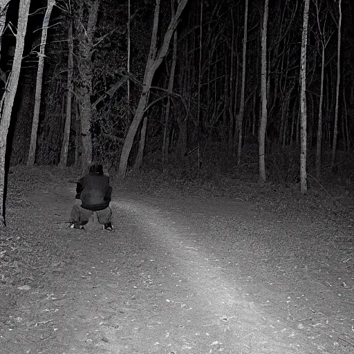 Image similar to trail cam footage nighttime black and white of fat man with fedora