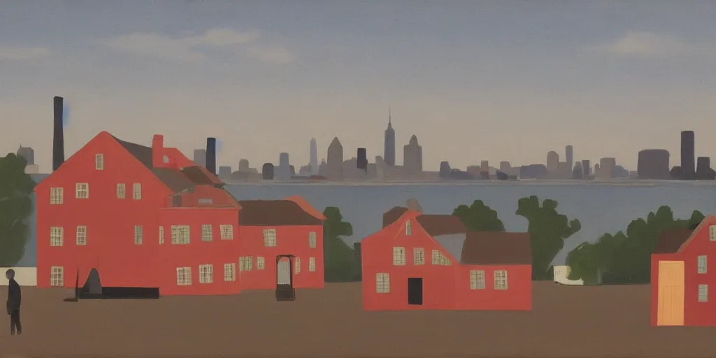 Image similar to In the foreground is a small red house, and in the background is the smoky NY City, George Ault painting style.