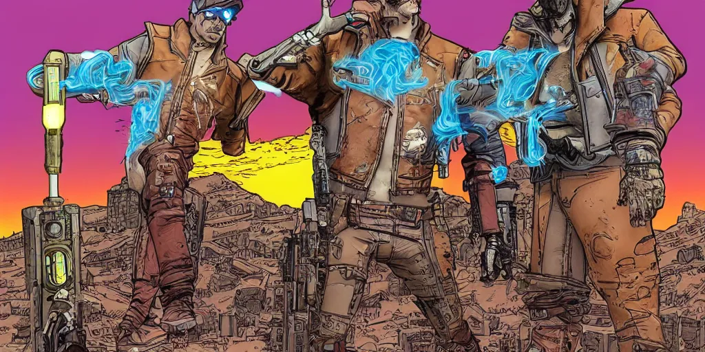 Prompt: Borderlands in the style of Jean Moebius Giraud