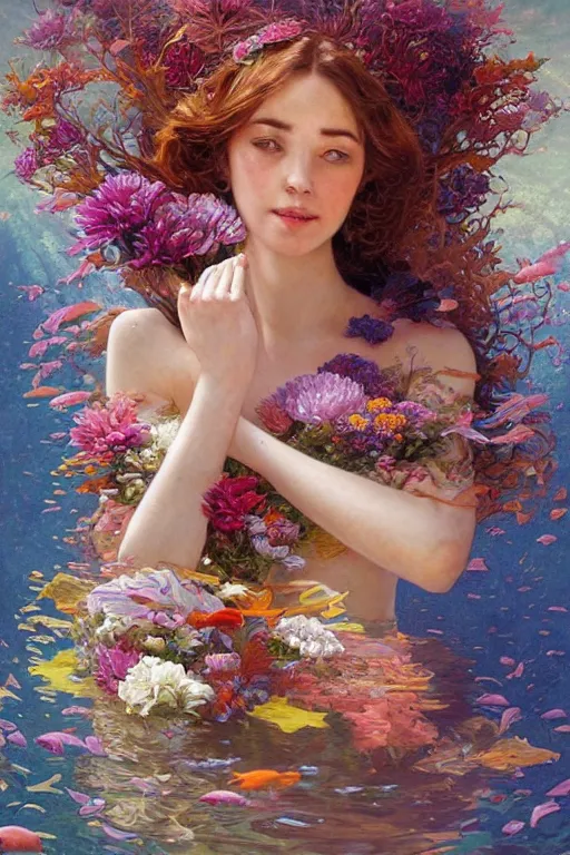 Image similar to portrait of a beautiful mysterious woman holding a bouquet of flowing flowers, hands hidden under the bouquet, submerged underwater filled with colorful small fish and coral reef, fantasy, regal, intricate, by stanley artgerm lau, greg rutkowski, thomas kindkade, alphonse mucha, loish, norman rockwell