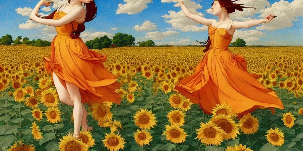 Prompt: beautiful young girl dancing in a fiery dress in a beautiful field of sunflowers and lilies, like leonardo da vinci sketches! in the style of studio ghibli, j. c. leyendecker, greg rutkowski, artgerm