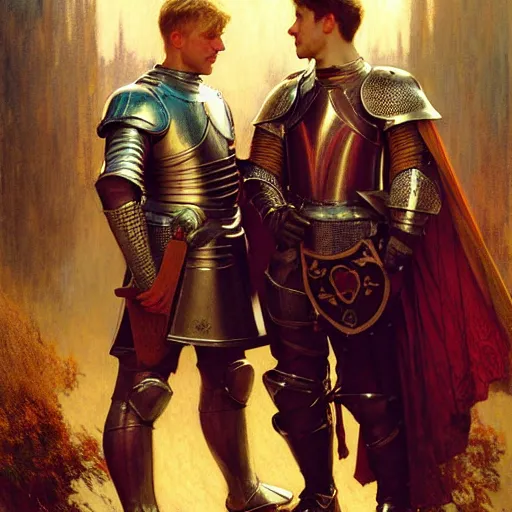 Image similar to attractive arthur pendragon and his attractive male knight, they are in love, natural lighting, path traced, highly detailed, high quality, digital painting, by gaston bussiere, craig mullins, alphonse mucha j. c. leyendecker