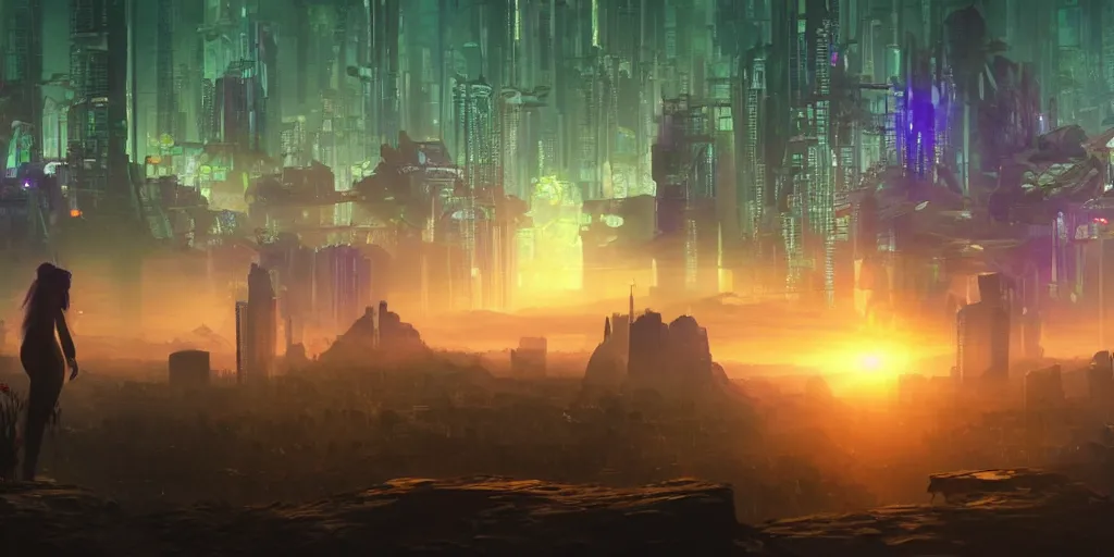 Image similar to a cinematic composition depicting : a translucid crystal - being viewing how a lush solarpunk civilization with their technology is encroaching on a distant cyberpunk world at sunrise