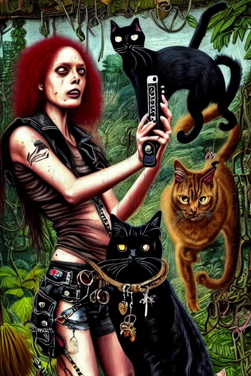 Image similar to punk rock girls making selfie with black cats in jungle , 1980 style, mad max jacket, post apocalyptic, renaissance, Gothic, highly detailed, digital painting, 4k, oil painting by Leonardo Da Vinci, hyper realistic style, fantasy by Olga Fedorova