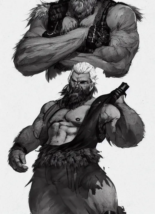 Image similar to Full body portrait of an old muscular man with blonde hair and beard wearing bear skin. In style of Yoji Shinkawa and Hyung-tae Kim, trending on ArtStation, dark fantasy, great composition, concept art, highly detailed.