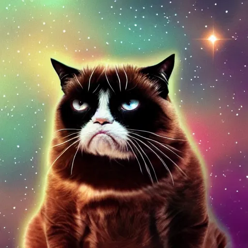 Prompt: A grumpy cat. Sitting on planet earth. In space, digital art