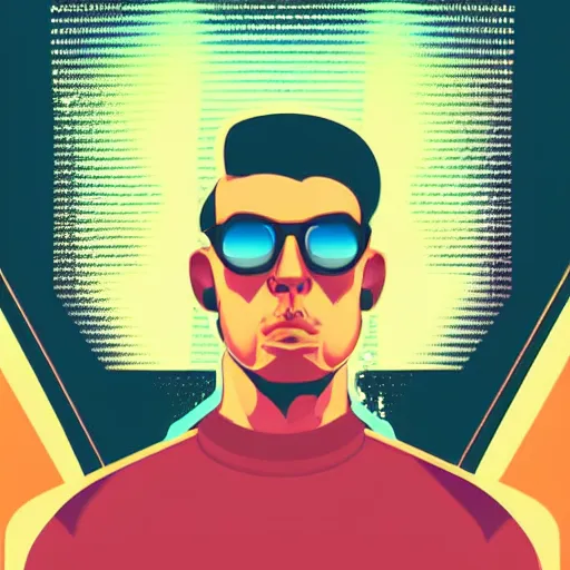 Prompt: a closeup of a man in retro colors, synthwave style, 2 d digital vector art