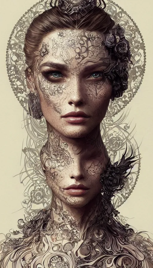 Image similar to tattooed lady, fame of thrones, fibonacci, sweat drops, intricate fashion clothing, insane, intricate, highly detailed, surrealistic, digital painting, artstation, concept art, smooth, sharp focus, illustration, Unreal Engine 5, 8K, art by artgerm and greg rutkowski and alphonse mucha