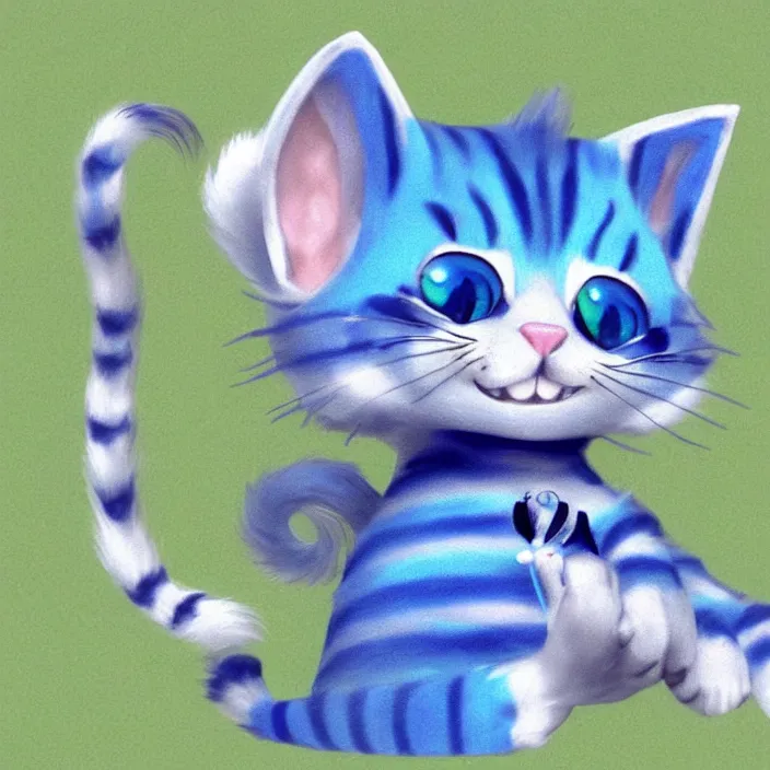 Prompt: cute blue striped cat of cheshire from alice in wonderland. an adorable cat with light blue stripes and a big playful human - like smile. award - winning digital art, trending on artstation