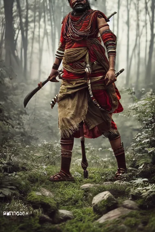 Prompt: Photo of an Indian warrior in a forest, photorealistic, hyper detailed, octane render, 4k