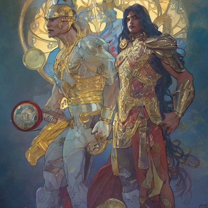 Image similar to gatot kaca as super heroes, closed up portrait, highly detailed, gold filigree, fantasy, soft cinematic lighting, award, disney concept art, watercolor illustration by mandy jurgens and alphonse mucha and alena aenami, pastel color palette, featured on artstation