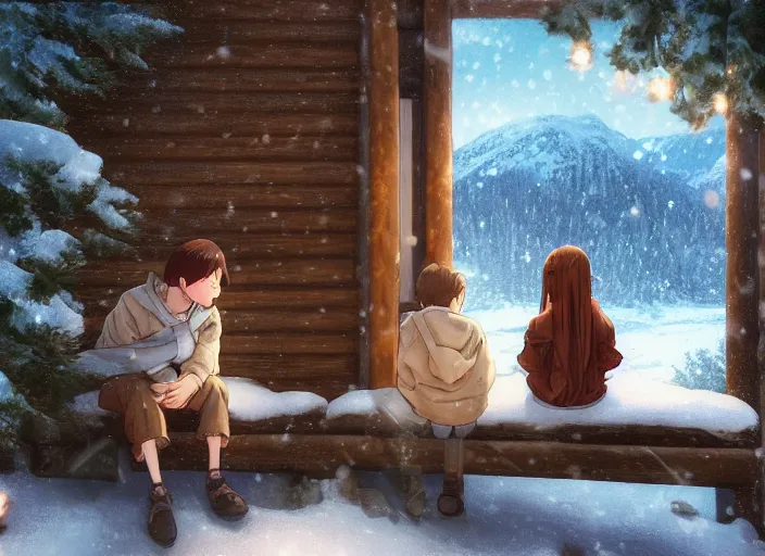 Image similar to a boy and a girl with long flowing auburn hair sitting together on the porch of a cabin on a mountain overlooking a snowy landscape. Atmospheric lighting, long shot, romantic, boy and girl are the focus, cold lighting, snowy. Anime. By Makoto Shinkai, Stanley Artgerm Lau, WLOP, Rossdraws, James Jean, Andrei Riabovitchev, Marc Simonetti, krenz cushart, Sakimichan, D&D trending on ArtStation, digital art.