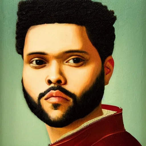 Image similar to a renaissance style portrait painting of the weeknd