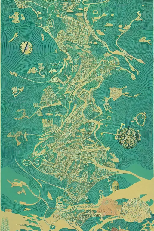 Image similar to a poster with a map on it, poster art by victo ngai, behance contest winner, environmental art, lovecraftian, intricate, infographic, marginalia, unreal engine, epic