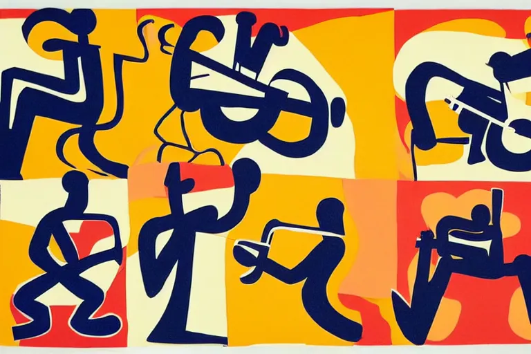 Image similar to four musicians playing with musical notes as abstract art in the style of Stuart Davis