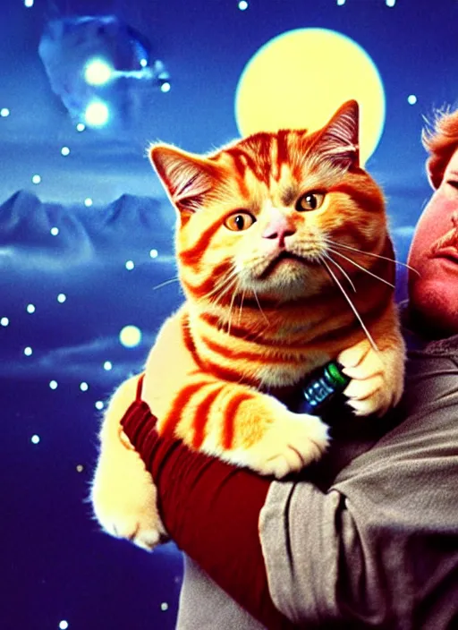 Image similar to film still of boba fett holding a fat ginger cat in his arms, star wars, beautiful glowing lights, planets in background, sci - fi, stunning, intricate, elegant. highly detailed