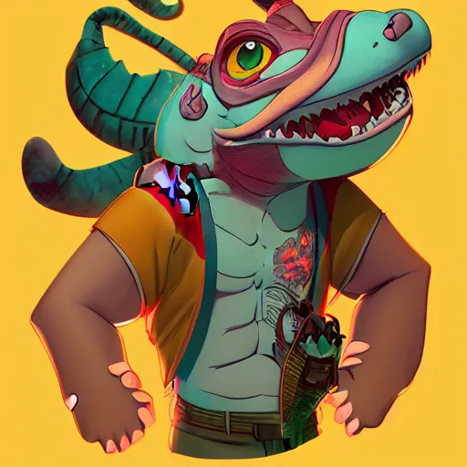 Image similar to in the style of artgerm, loish and ross tran, anthropomorphic alligator, symmetrical face, symmetrical eyes, red scales on his back, yellow scale on his belly and chest, male, waring a hawaiian shirt, in the style of zootopia