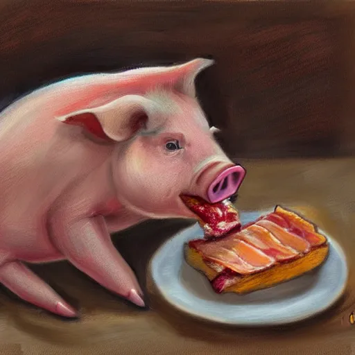 Image similar to a pig eating a rasher of bacon. detailed, realistic, digital painting,