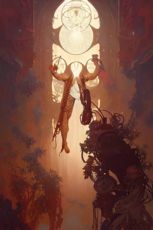 Image similar to highly detailed portrait of god ares, alphonse mucha, stephen bliss, unreal engine, fantasy art by greg rutkowski, rhads, ferdinand knab, makoto shinkai and lois van baarle, ilya kuvshinov, rossdraws, tom bagshaw, global illumination, radiant light, detailed and intricate environment, steampunk