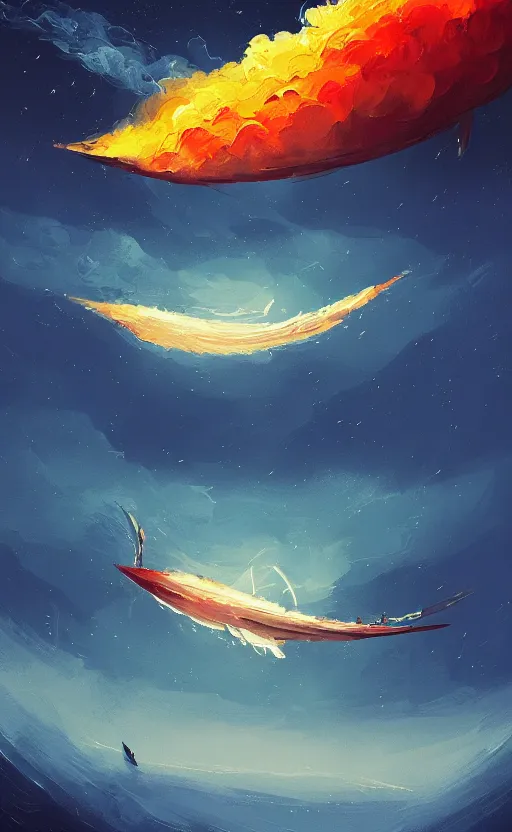 Image similar to a beautiful illustration of an airship burning in the sky at night, art of alena aenami, featured on artstation, vertical orientation, paint brush strokes, expressionism, brushstroke - laden, breathtaking clouds, birds, ocean, beautiful stars, long exposure, big moon radius, airy midnight theme, blue purple gradient, lens flare, flames and ember