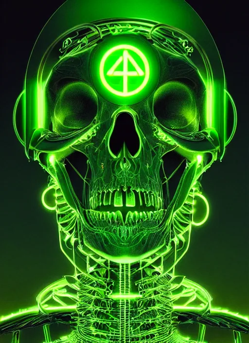 Image similar to extreme close up, portrait of a cyber skeleton, green glowing runes surrounding, exuding green energy runes, intricate, elegant, glowing lights, highly detailed, digital painting, artstation, concept art, smooth, sharp focus, illustration, art by wlop, mars ravelo and greg rutkowski