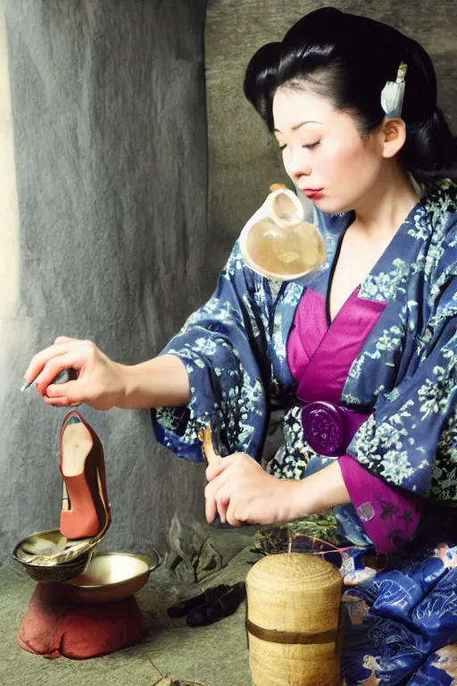 Image similar to photo of a witch, young woman, preparing potion, high heels, japanese kimono