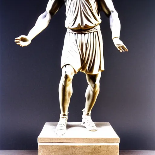 Prompt: ancient greek ancient statue marble sculpture of shaquille o'neal, full body, playing basketball, highly detailed