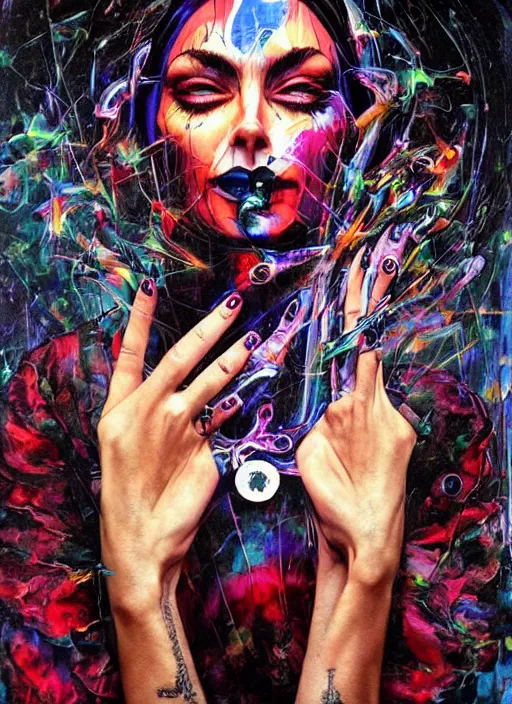 Image similar to magic cult psychic woman, fashion model photoshoot scene, third eye, subjective consciousness psychedelic, epic surrealism expressionism symbolism, story telling, iconic, dark robed, oil painting, symmetrical face, dark myth mythos, by Sandra Chevrier, Noriyoshi Ohrai masterpiece