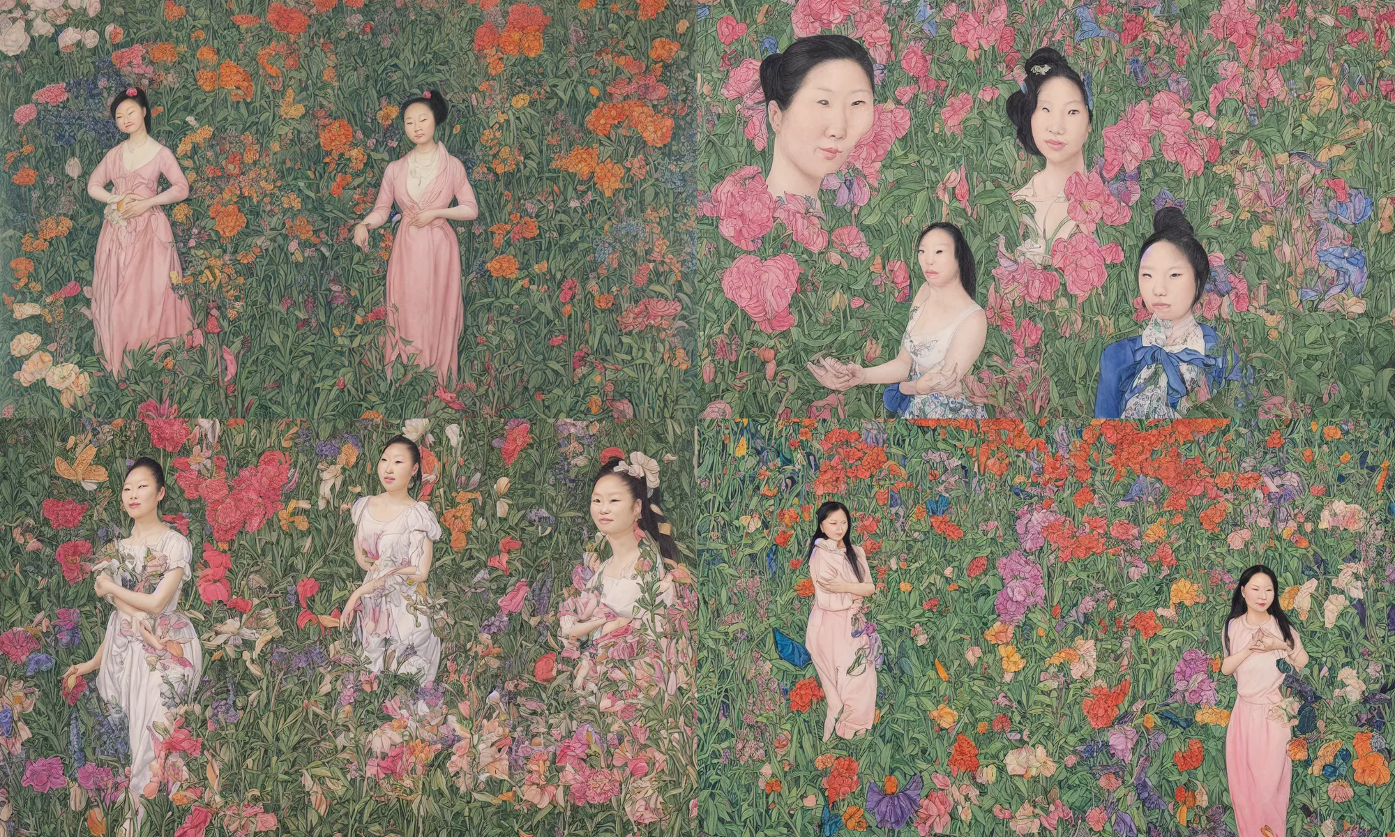 Prompt: a portrait of Jennie Kim, looking straight into the camera, with gigantic flowers n the background by James Jean and Maria Sibylla Merian