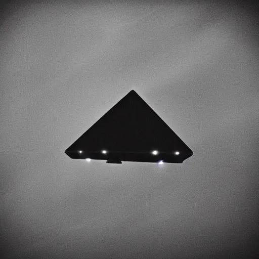 Image similar to a large triangle black spaceship with lights seen in the sky, vintage photo, old, grainy, sepia