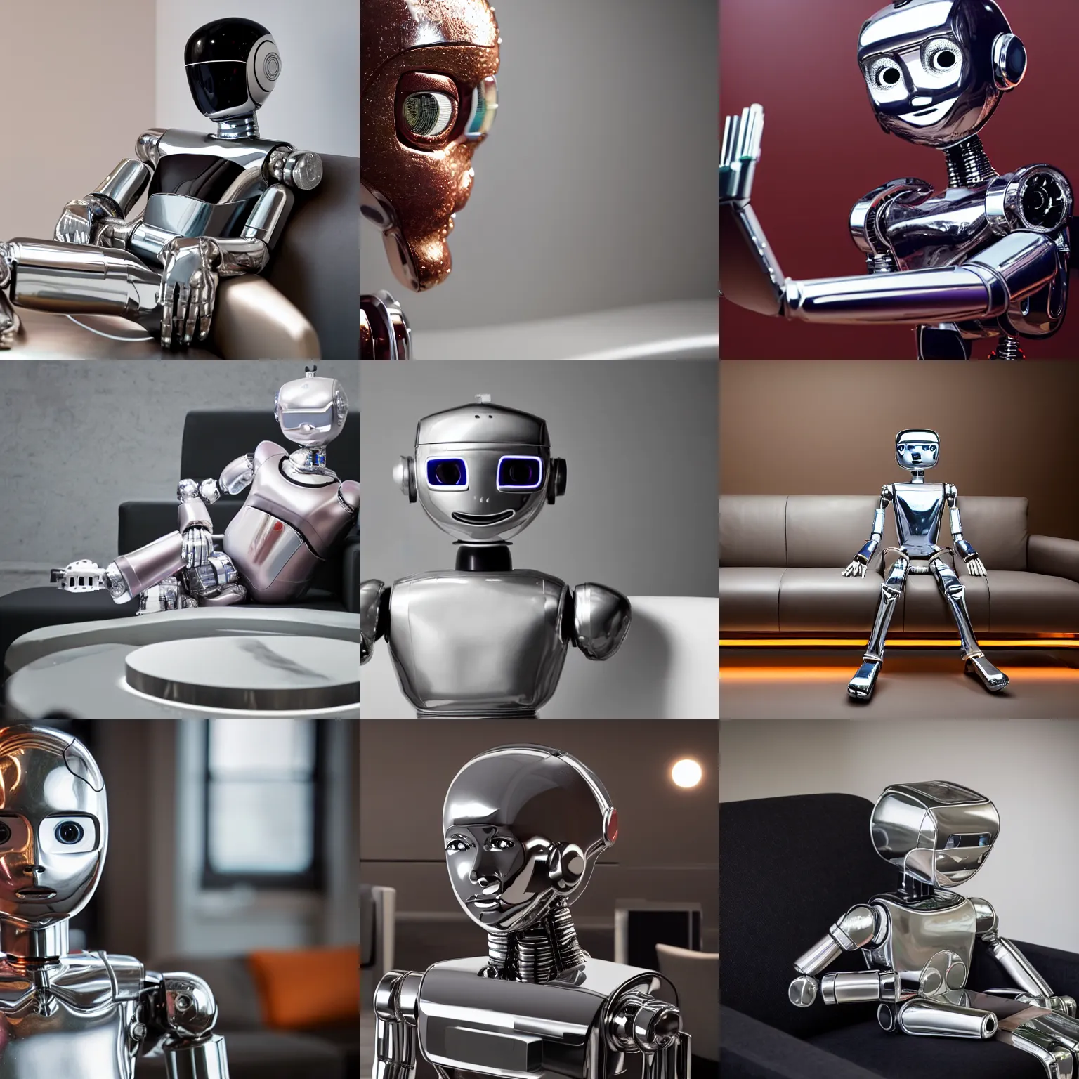 Prompt: a studio photo of a chrome humanoid robot sitting in a modern sofa. the sofa is made of bacon, high detail, uhd 8 k, reflections, depth of field, bokeh