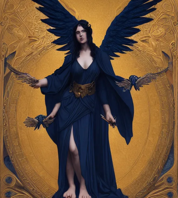 Image similar to god of death, young male, in the underworld, elegant dark blue dress, very detailed, throne, very intricate details, jewelry, gold eyeshadow, elaborate long black hairstyle, wings, cinematic, artstation, william bouguereau, alphonse mucha, greg rutkowski, rossdraws, octane render