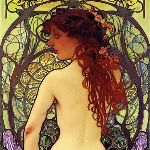 Image similar to beautiful women, aphrodisiac, tall goddess, expressive oil painting, art nouveau, vines, edwardian woman, 1 9 2 0's france, oil painting by alphonse mucha